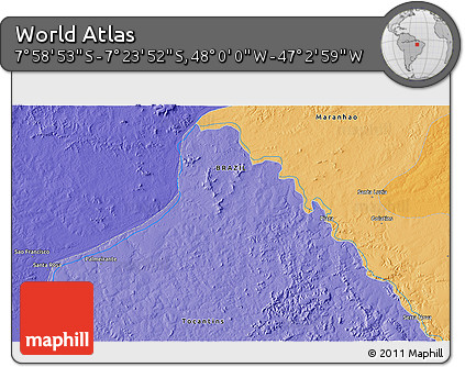 Political 3D Map of the Area around 7° 41' 23" S, 47° 31' 29" W