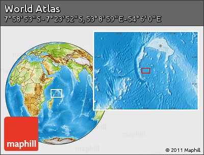 Physical Location Map of the Area around 7° 41' 23" S, 53° 37' 30" E