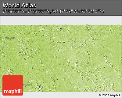 Physical 3D Map of the Area around 7° 41' 23" S, 54° 19' 30" W