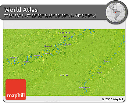 Physical 3D Map of the Area around 7° 41' 23" S, 65° 22' 30" W