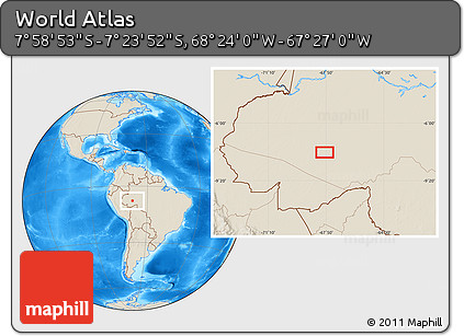 Shaded Relief Location Map of the Area around 7° 41' 23" S, 67° 55' 30" W
