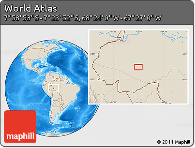 Shaded Relief Location Map of the Area around 7° 41' 23" S, 67° 55' 30" W