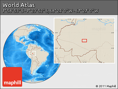 Shaded Relief Location Map of the Area around 7° 41' 23" S, 67° 55' 30" W