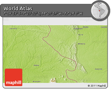 Physical 3D Map of the Area around 7° 41' 23" S, 73° 52' 30" W