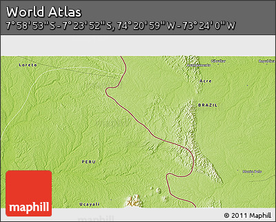 Physical 3D Map of the Area around 7° 41' 23" S, 73° 52' 30" W