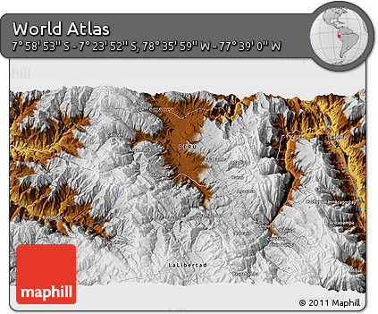 Physical 3D Map of the Area around 7° 41' 23" S, 78° 7' 30" W