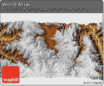 Physical 3D Map of the Area around 7° 41' 23" S, 78° 7' 30" W