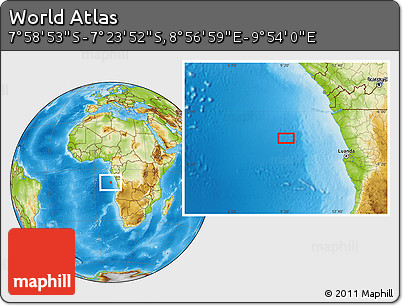 Physical Location Map of the Area around 7° 41' 23" S, 9° 25' 30" E