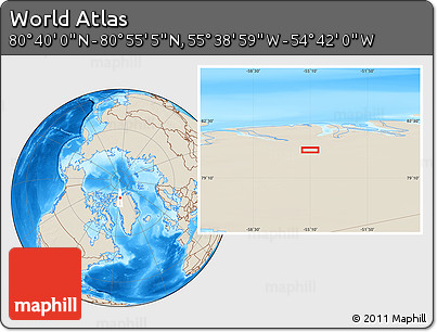 Shaded Relief Location Map of the Area around 80° 47' 32" N, 55° 10' 29" W