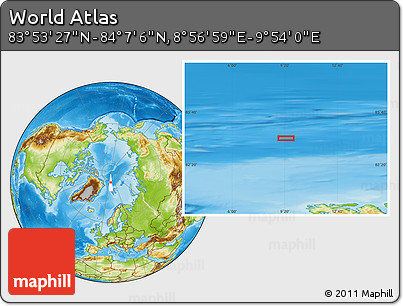 Physical Location Map of the Area around 84° 0' 16" N, 9° 25' 30" E