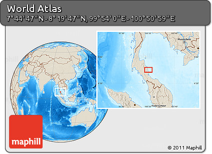 Shaded Relief Location Map of the Area around 8° 2' 17" N, 100° 22' 30" E