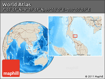 Shaded Relief Location Map of the Area around 8° 2' 17" N, 100° 22' 30" E