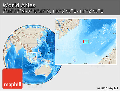Shaded Relief Location Map of the Area around 8° 2' 17" N, 110° 34' 29" E