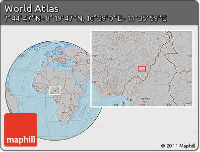 Gray Location Map of the Area around 8° 2' 17" N, 11° 7' 30" E, hill shading