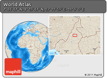 Shaded Relief Location Map of the Area around 8° 2' 17" N, 13° 40' 30" E