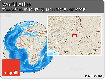 Shaded Relief Location Map of the Area around 8° 2' 17" N, 13° 40' 30" E