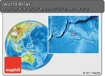 Physical Location Map of the Area around 8° 2' 17" N, 140° 19' 29" E