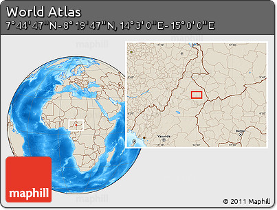Shaded Relief Location Map of the Area around 8° 2' 17" N, 14° 31' 30" E