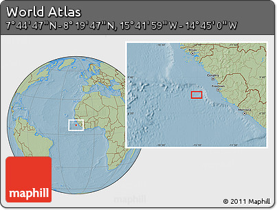 Savanna Style Location Map of the Area around 8° 2' 17" N, 15° 13' 29" W, hill shading