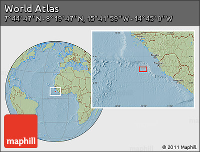 Savanna Style Location Map of the Area around 8° 2' 17" N, 15° 13' 29" W, hill shading