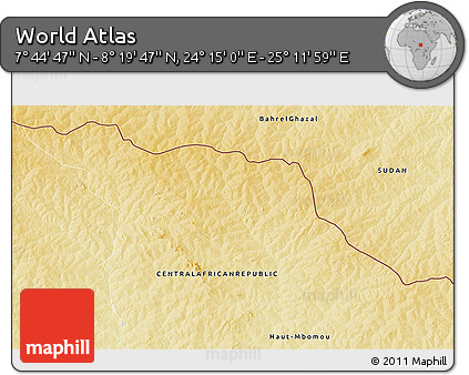 Physical 3D Map of the Area around 8° 2' 17" N, 24° 43' 30" E