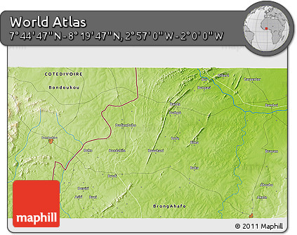 Physical 3D Map of the Area around 8° 2' 17" N, 2° 28' 30" W