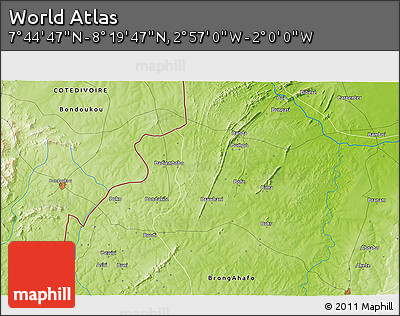 Physical 3D Map of the Area around 8° 2' 17" N, 2° 28' 30" W