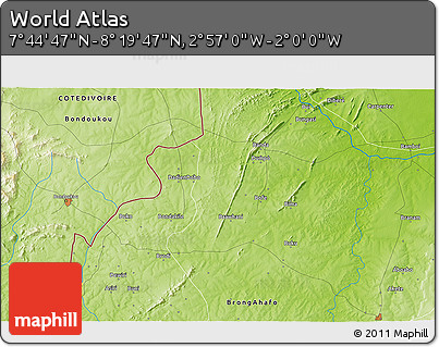 Physical 3D Map of the Area around 8° 2' 17" N, 2° 28' 30" W