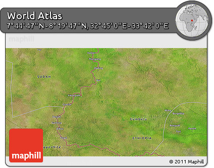 Satellite 3D Map of the Area around 8° 2' 17" N, 33° 13' 30" E