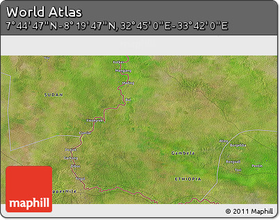 Satellite 3D Map of the Area around 8° 2' 17" N, 33° 13' 30" E