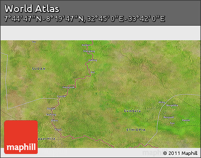 Satellite 3D Map of the Area around 8° 2' 17" N, 33° 13' 30" E