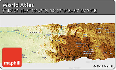 Physical Panoramic Map of the Area around 8° 2' 17" N, 34° 55' 29" E