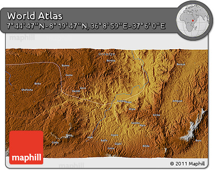 Physical 3D Map of the Area around 8° 2' 17" N, 36° 37' 30" E