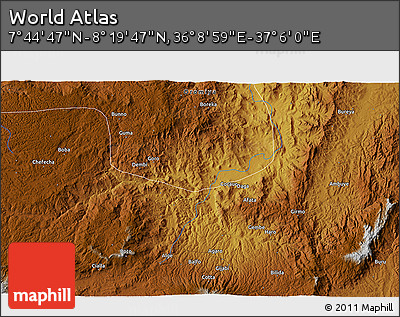 Physical 3D Map of the Area around 8° 2' 17" N, 36° 37' 30" E