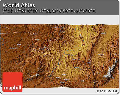 Physical 3D Map of the Area around 8° 2' 17" N, 36° 37' 30" E