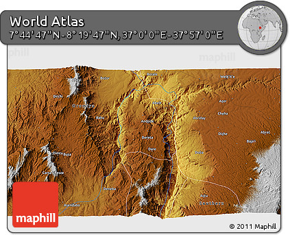 Physical 3D Map of the Area around 8° 2' 17" N, 37° 28' 30" E