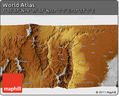 Physical 3D Map of the Area around 8° 2' 17" N, 37° 28' 30" E