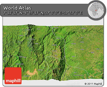Satellite 3D Map of the Area around 8° 2' 17" N, 37° 28' 30" E