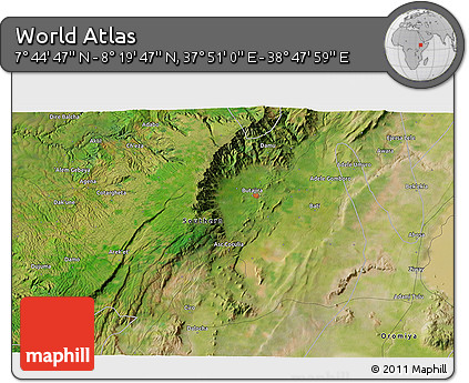 Satellite 3D Map of the Area around 8° 2' 17" N, 38° 19' 30" E