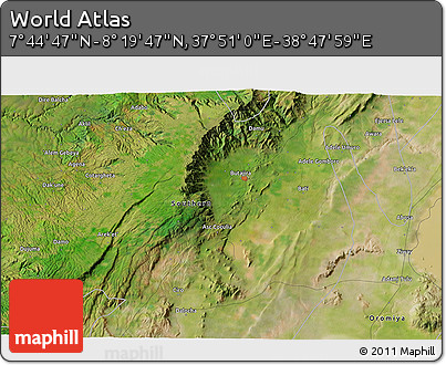 Satellite 3D Map of the Area around 8° 2' 17" N, 38° 19' 30" E