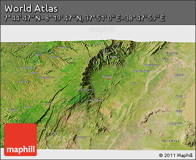 Satellite 3D Map of the Area around 8° 2' 17" N, 38° 19' 30" E