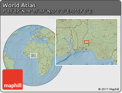 Savanna Style Location Map of the Area around 8° 2' 17" N, 3° 28' 30" E, hill shading