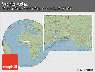 Savanna Style Location Map of the Area around 8° 2' 17" N, 3° 28' 30" E, hill shading