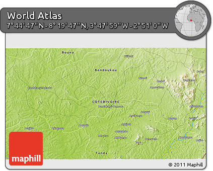 Physical 3D Map of the Area around 8° 2' 17" N, 3° 19' 30" W