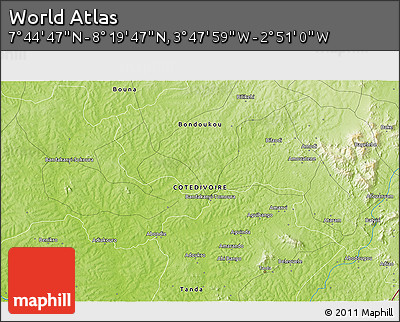 Physical 3D Map of the Area around 8° 2' 17" N, 3° 19' 30" W