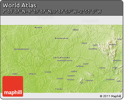 Physical 3D Map of the Area around 8° 2' 17" N, 3° 19' 30" W