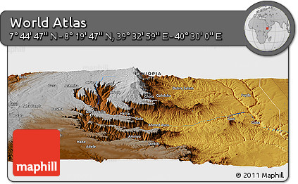 Physical Panoramic Map of the Area around 8° 2' 17" N, 40° 1' 29" E