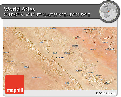 Satellite 3D Map of the Area around 8° 2' 17" N, 43° 25' 29" E