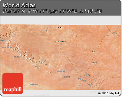 Satellite 3D Map of the Area around 8° 2' 17" N, 44° 16' 29" E
