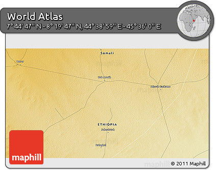 Physical 3D Map of the Area around 8° 2' 17" N, 45° 7' 30" E